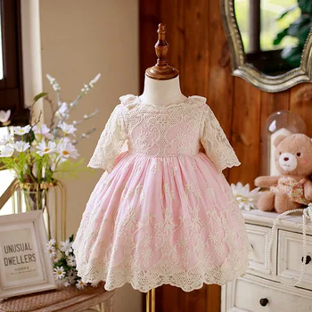 2023 Cvet Dekle Čipke Obleko za Otroke 2 Kosa z Klobuk Otrok Princesa Midi Obleke za 1. Rojstni dan Dojenčka Elegantno Žogo Halje