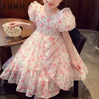 2023 Nove korejske Modne Poletje Obleko Dekleta Letnik Srčkan Kawaii Sladko Elegantno Cvetlični Svoboden Priložnostne Kvadratnih Vratu otroških Oblačilih