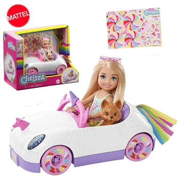 Original Mattel Barbie Chelsea 6inch Lutka Rainbow Unicorn Avto s Psiček Oprema Igrače za Dekleta Izobraževalne Prop Zbirka