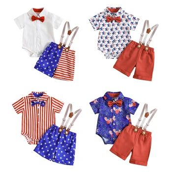 Otroška Oblačila Fantje 4. julija Obleke Kratek Rokav Bowtie Romper + Suspender kratke Hlače Komplet za Dan Neodvisnosti Oblačila