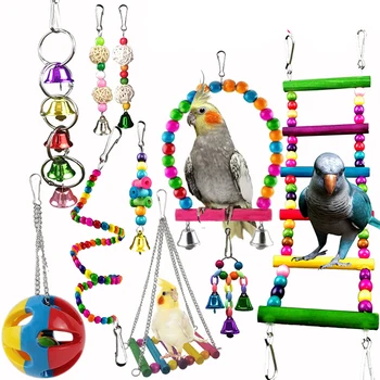 Set 10 Pack Ptičje Kletke, Igrače za Papige, Zanesljiv in Žvečljive - Swing Visi Žvečilni Ugriz Most Lesene Kroglice Žogo Bell Ptica Igrače