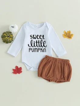Srčkan Pumpkin Halloween Kostum Set za Novorojenčke - Ljubek Dolg Rokav Romper s Črko Tisk in Ujemanje Barva Hlače