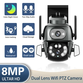 4K 8MP Brezžična nadzorna Kamera PTZ Dvojno Objektiv Dual Zaslon, Wifi CCTV Varnostne Kamere Barve Night Vision Samodejno Sledenje IP Cam