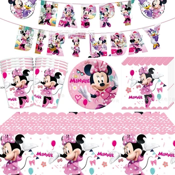 56pcs/veliko Minnie Mouse Temo Obešanje Transparentov Prtom Happy Birthday Party Plošče Skodelice Dekoracijo Baby Tuš Brisače, Prtički