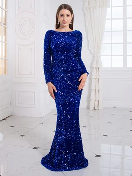 Elegantne Ženske Dolg Rokav Kraljevsko Modra Večer Stranka Obleke, O Vratu Black Stretch Bleščica Formalno Večerjo Pozimi Sirena Obleko 2023