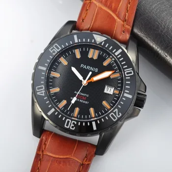 Moda Parnis 44 mm Black Samodejno Potapljač Watch Nepremočljiva 200m Usnje Pasu Oranžna Roke Mehanske Moške Ure reloj hombre
