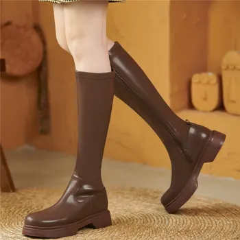 Visoko Stegno Creepers Ženske Pravega Usnja, Podplat Pete, Kolena Visoki Škornji Ženski Krog Toe Modne Superge Platformo Oxfords Čevlji