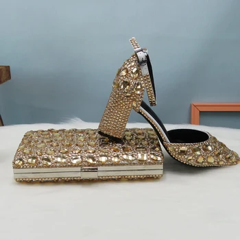 Šampanjec kristalno ženske Poročni čevlji z ujemajočimi vrečke Luksuzni Debele Pete visokih petah platforma čevlji ženske stranka obleko čevlji
